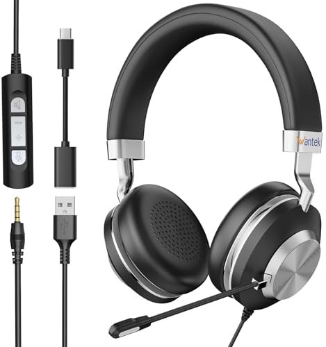 Wantek Auriculares USB con Micrófono,USB-A/USB-C/Jack 3.5mm Cascos 3 en 1 con Cable,Cancelación de Ruido y Control de Volumen para Teletrabajo,Zoom,Cursos Online y Call Center