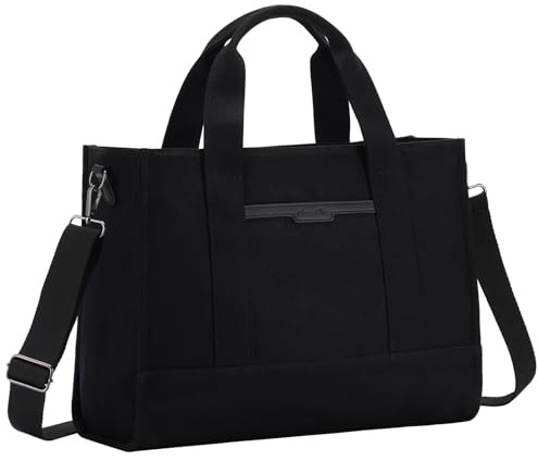 Chase Chic Canvas handväska dam, axelväska tygväska, axelväska, shoppingväska väska med dragkedja för arbete/skola, Svart 15,6 tum, Large