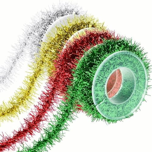 4 Rolls Christmas Tinsel Garland Christmas Thin Tinsel Tree Decorations Xmas Glitter Ribbon for Holiday Present Wrapping Decoration DIY Craft Supplies