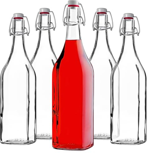 KADAX Set di 5 bottiglie di vetro grandi con tappo a leva, bottiglie vuote da riempire per succo, olio, aceto, liquore e sciroppo, bottiglie di succo in vetro, bottiglie di liquore