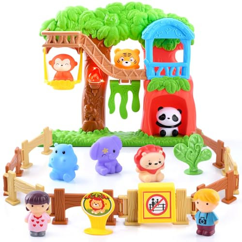 PLAY 20 Pièces Zoo Jouet pour Enfants, Figurines d'animaux Jouet avec Cabane dans Les Arbres, Lumières et Sons Réalistes, Jouets Éducatifs Cadeaux pour Enfant Fille Garçons