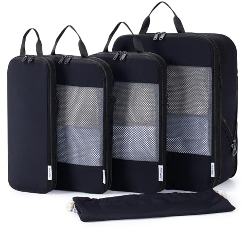 Narwey 5 Sets Compresión Organizador Maletas Bolsos, Compression Packing Cubes, Bolsas Viaje para Mochila, Equipaje de Mano y Maleta, Bolsas Organizadoras Ropa para Viaje Hogar (negro)