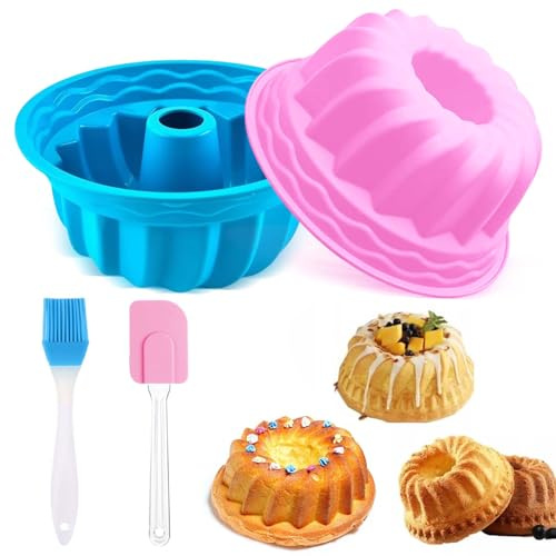 dogmoon Lot de 2 moules à kouglof en silicone de qualité supérieure - 16,5 cm de diamètre - Réutilisables - Avec 1 spatule et 1 brosse pour gâteau, pain, bleu et rose