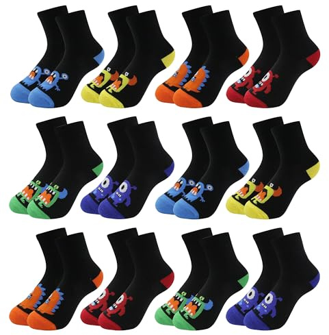 Uizuooy Calcetines Deportivos para Niño de Algodón Calcetines Fútbol Tenis Transpirables Socks Calcetines Escolares Unisex Calcetines Coloridos para Niños 12 pares 2878-35_38