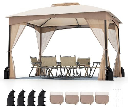 COSTWAY 3m x 3m/3.6m x 3m Garden Gazebo, Double Roof Patio Pavilion Tent with Netting Sidewalls and 4 Sandbags, Heavy Duty Waterproof Marquee Canopy Shelter (Khaki, 365 x 300 x 286 cm)