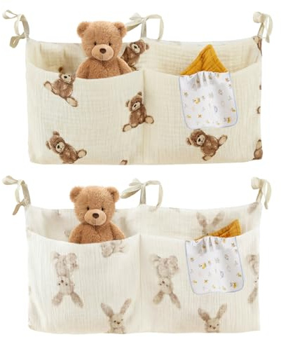 CZXCV 2 Stück Babybett Organizer Hängend, Kinderzimmer Organizer mit Tiermuster, Verstellbarer Bettorganizer zum Einhängen, Aufbewahrungstasche für Windeln, Betttasche für Beistellbett