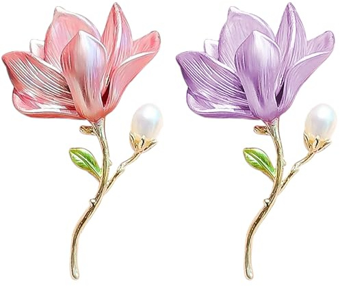 2Stück Perlen Blumen Brosche Damen Rosa Lila Magnolien Blumenbrosche 3D Magnolias Flower Broches Damen Legierung Magnolienblüte Floral Broschen Für Kleidung Hochzeit Bankett Schmuck Accessoires