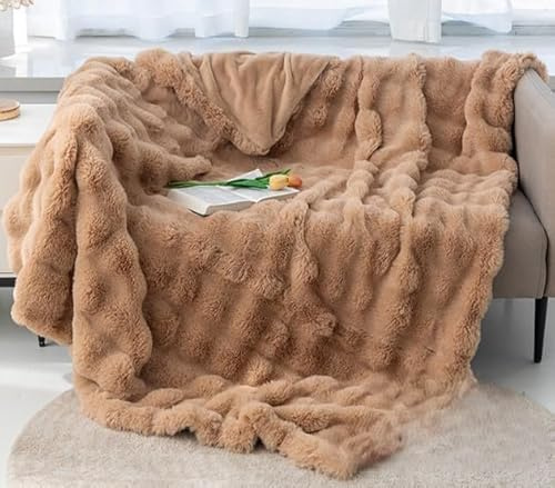 HM'S HOME'SECRET Manta de Lujo Plaid Rabbit, Pelo Sintético con Reverso Sherpa, Diseño Solido, 3 Tamaños: 125x155cm/160x220cm/220x240cm, Disponible en 6 Colores. (Beige, 160x220cm)