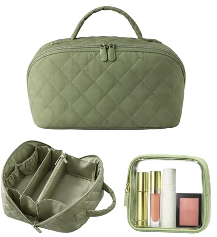 Flat Lay Makeup Bag, 2-Piece Set in Green 25 * 14 * 13 cm Make up Bag with Compartments, Open Flat Makeup Bag for Daily Organisation, Weekend Travel and On-The-Go Touch-Ups