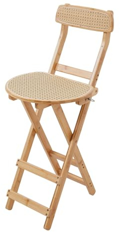Warmiehomy Folding Bar Stool, 60cm Seat Height Bamboo Rattan Counter Height Chair with Backrest, Foldable Tall Stool for Kitchen Island Bar Patio Living Room, Rustic Farmhouse Style, Natural Wood
