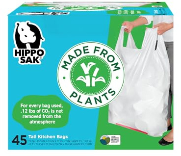 Hippo Sak – Lot de 45 sacs poubelles hauts avec poignées à base végétale, 50 litres