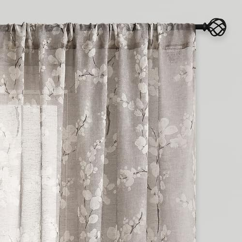 Fmfunctex Linen Sheer Curtains for Bedroom, Tan White Blossom Print Curtains 84 Inches Long for Living Room, Taupe Floral Patterned Farmhouse Curtain Light Filtering Window Drapes 2 Panels, Rod Pocket