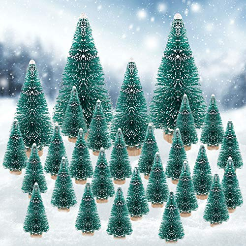 PERFETSELL 28 Mini Alberi di Natale Mini Sisal Neve 4,8cm/ 9cm/ 13 cm Alberi di Natale in Miniatura Mini Alberi di Natale Artificiali con Base in Legno per Decorazione Tavola, Natale, Fai da Te