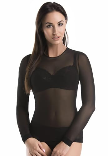 Teyli Blusa transparente manga larga con cuello redondo – top de malla femenino de diseño ligero y translúcido. Negro XS