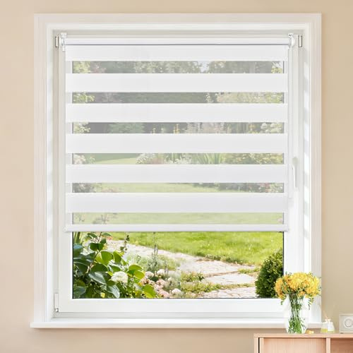 Buseu Store Enrouleur Jour Nuit sans Perçage, Blanc, 70 x 150 cm | Largeur du Tissu 70 cm, Rideau Translucide & Occultant, Fixation par Clips, Pour Fenêtre & Porte de Salon, Bureau, Chambre