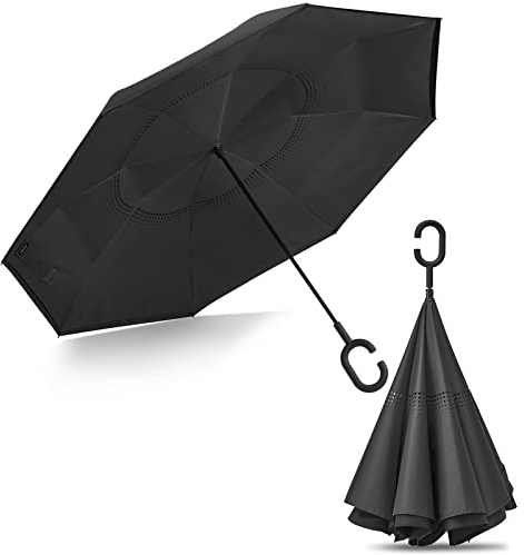 G4Free 62 Inch Large Reverse Umbrella with C-Shaped Handle, Windproof Upside Down Inverted Close Stick Umbrella for Rain and Women/Men (Black)