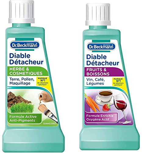 Dr. Beckmann - Diable Détacheur Herbe & Cosmétiques 50 ml - Détachant spécifique - Lot de 3 & Set de 3 Diable Détacheur Fruits & Boissons 50 g