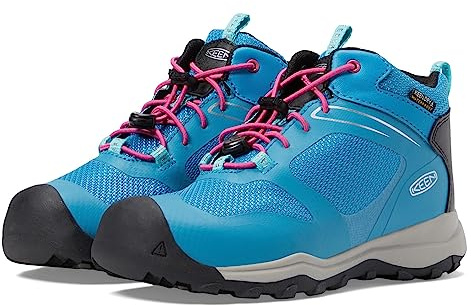 KEEN Unisex-Child Wanduro Mid Height Waterproof Easy On Durable Sneaker Hiking Boots, Fjord Blue/Fuchsia Purple, 8