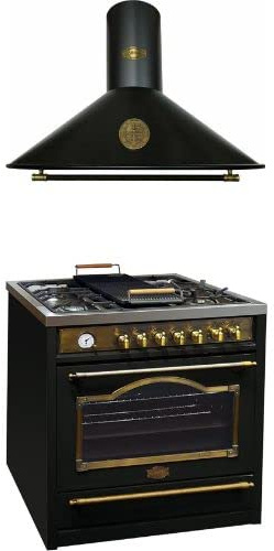 Kaiser Fornello Empire HGE 93555 Em+A 9423 BE ECO, Piano cottura elettrico a gas retrò 90 cm Range Coocker/Cappa aspirante 90 cm, 910 m³/h,Nero,Belle Epoque con elementi metallici -Antique Oro-