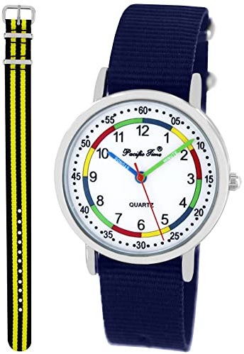 Pacific Time Lernuhr Jungen Mädchen Kinder Armbanduhr 2 Armband dunkelblau + schwarz-gelb analog Quarz 11007