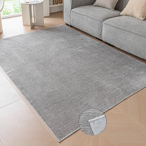 Ceneco Grey Rug, Short Pile, Chenille Non Slip, Washable, Large Area, Thin for Dining (Grey, 120×160cm)