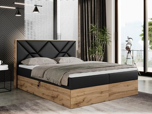 MKS MEBLE Boxspringbett 180x200 mit Bettkasten, Polsterbett 180x200 mit Matratze H4, Boxspringbett 180x200 mit Kopfteil, Boxspringbett mit Massivholz - Gunar - Schwarz Kunstleder - H4