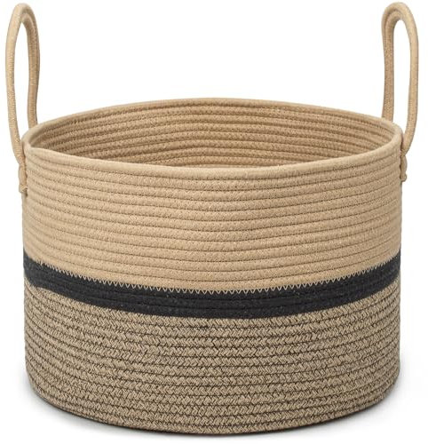 Virklyee Cesto Portabiancheria in Corda Intrecciata 32L Cestino in Corda di Cotone Φ40 x H25 CM Cesto per Coperte in Soggiorno con 2 Maniglia, per Abbigliamento e Cuscini(3 Couleurs Marron)
