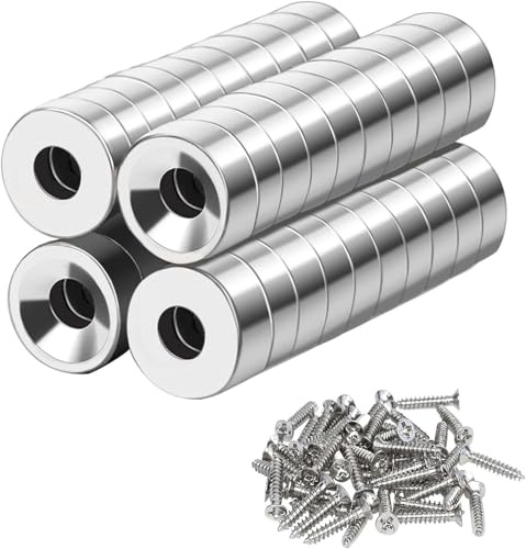 Neodym-magneter, hål, magnetisk, 40 stycken magneter extra starka, neodymmagneter extra, med hål 10 x 3–3 mm, stor stark rund, för magnetplatta, kylskåp, kök