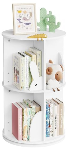 WOLTU Bookshelf for Kids, 2-Tier Rotating Bookshelf, Nursery Bookcase, Toy Shelf, White Swivel Children’s Bookcase with Bunny Baffles