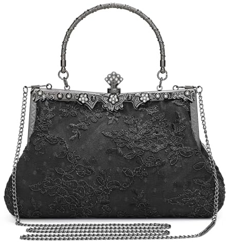 BAIGIO Clutch Damen 1920s Elegant Abendtasche Vintage Clutches Tasche Floral Handtasche Umhangetasche fur Party Hochzeit Brauttasche Spitze Kettasche