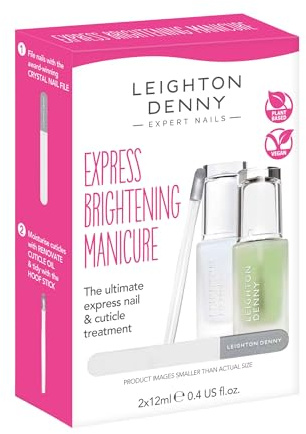 LEIGHTON DENNY Express Brightening Manicure Set | includes Nail Illuminator Milky 2-in-1 treatment base coat and nail polish, Renovate Cuticle Oil, Mini Crystal Nail File & Hoof Stick