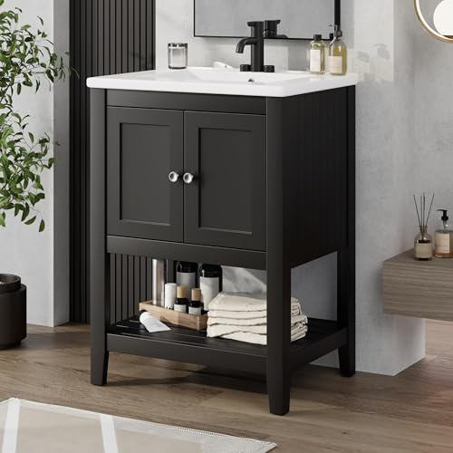 24 Bathroom Vanity with Ceramic Sink Top Set, Cabinet with Adjustable Shelf and Open Storage Space, Soft-Closing Door, Solid Wood Frame, Black