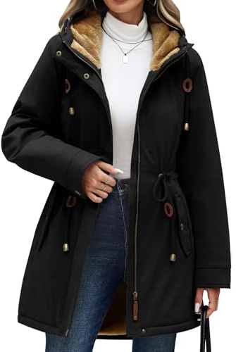 CMTOP Winter Water-repellent Jackets for Women Fleece Lined Hooded Parka | Adjustable Drawstring Waist Windproof Thicken Outerwear with Pockets, for Daily Commute Outdoor Activities