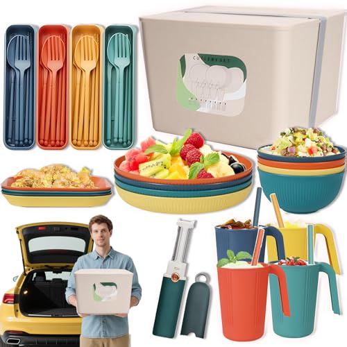 Sadodo Juego de vajilla de camping de 42 piezas con caja de almacenamiento para 4 personas, juego de cubiertos de viaje para picnic con taza, cuencos, pelador, plato de camping, tenedor, cuchillo
