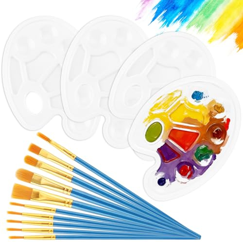 4 Tavolozza per Dipingere con 10 Pennelli, Tavolozza Acquerelli, Tavolozza, Tavolozza per Dipingere Bambini
