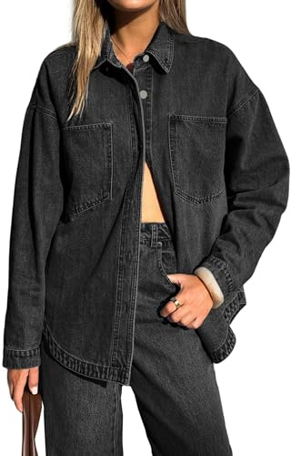 EMMIOL Women Denim Shirts Oversized Long Sleeve Button Down Blouse Distresse Jean Jacket Fall Outfits 2026 Black,L