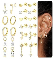 KRFY Pendientes Plata Oro Mujer Hipoalergenicos Acero Inoxidable Piercing Oreja Pequeños Pendientes de aro Dorados Helix Daith Conch Tragus Piercing Set G1