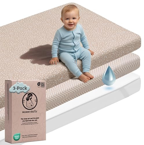 Mommybelly Babykorg Lakan med Resår Set 35x75. 2 Lakan med Resår i Bomullsjersey + 1 Vattentätt Madrasskydd i Frotté för Barnvagn, Babylift, Vagga. OekoTex-certifierad. Beige 75x35