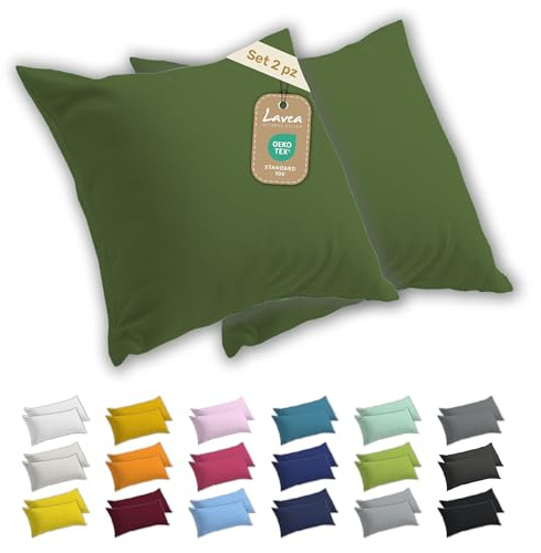 Lavea® Set 2 Federe per Cuscini da Letto 40x40 cm - Copricuscini 100% Cotone Jersey Morbidi e Traspiranti, con Cerniera YKK di Qualità, OEKO-TEX – Verde oliva