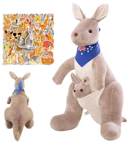 SYTTNUM Känguru leksaker, mamma och barn plysch känguru, kangaroo plyschdocka, perfekt födelsedagspresent och samlarobjekt med klistermärken - 32 cm