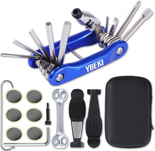 YBEKI Fahrrad Reparaturset – 3-in-1 Reifenheber mit klebefreien Flicken, Multitool mit Kettennieter & wasserdichte Satteltasche – Für Rennrad, Mountainbike (Blaues Mini-Taschen-Werkzeugset)