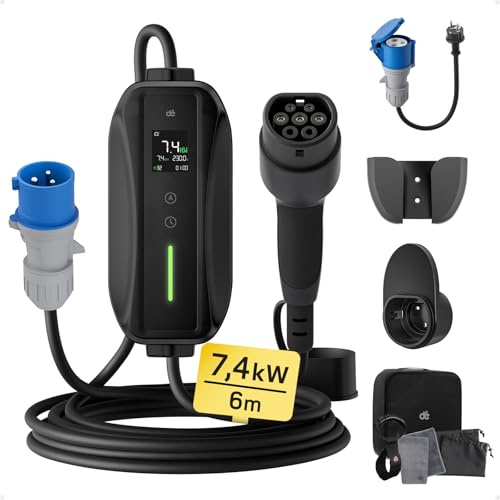 dé Cavo Ricarica Auto Elettrica Tipo 2 CEE 7,4kW [Monofase| 6m| 6-32A] Caricatore Auto Elettrica Tipo 2 con Adattatore Schuko, con LCD Controllo Digitale Compatibile con Model Y/3 e Altri EV/PHEV