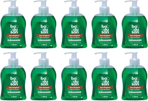 Badusan Flüssigseife Original – 10er Pack (10 x 300 ml) – milde Seife mit angenehmem Duft – Danker Nachfüllpack für Bad & Küche – sanfte Reinigung & Pflege