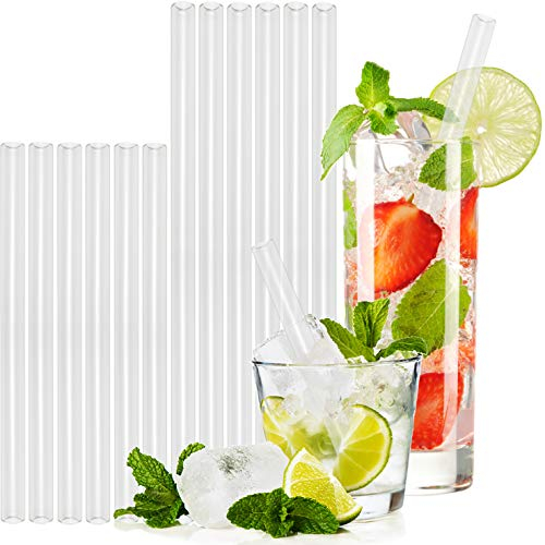T&N Glas Strohhalm 12er Set - 15/20/23 cm Länge - Trinkhalme + 2 Bürsten - Glasstrohhalme wiederverwendbar - Trinkröhrchen umweltfreundlich BPA frei – Smoothie Cocktail-Strohhalme Glasstrohalme