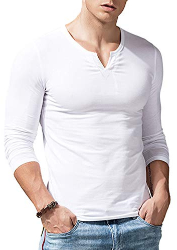 Hommes Coupe Slim Manche Longue Henley T-Shirt Décontractée Col en V Maillots de Corps Coton T2308 Blanc Medium