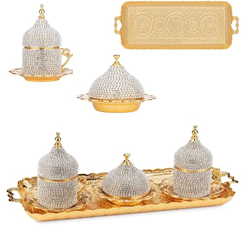 Alisveristime Ottoman Türkisch Griechisch Arabisch Espresso Kaffeetassen mit Untertasse und Deckel (Kristallset) (2er-Set) (Gold)