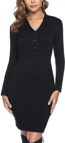 Wayleb Femme Robe Tricotée Hiver Col V Basique Robe Pull Automne Hiver Robe en Tricot Hiver Midi Élégante avec Manches Longues Robe Pull pour Bureau Fête