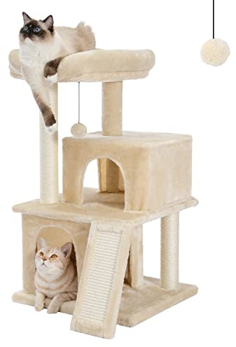 PETEPELA Cat Tree 90cm Cat Tower with Double Condos, Removable Spacious Perch, Fully Wrapped Scratching Posts for Indoor Cats, Replaceable Dangling Balls, 35 Inches Beige