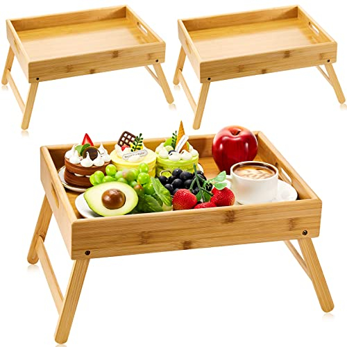 Confezione da 3 vassoi da letto per mangiare vassoio da colazione in bambù con manici e gambe pieghevoli, vassoio da tavolo per scrivania da pavimento per laptop snack da lavoro
