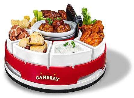 Nostalgia Gameday Heated Slow Cooker and Lazy Susan Serving Set for Parties, Fondue Pot for Dips and Nachos, Red/White